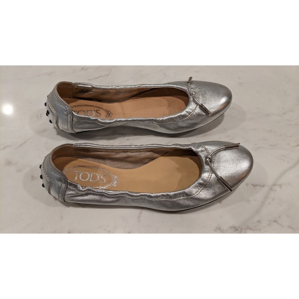 TOD'S Women's Silver Metallic Leather Ballet Flats Size 37/7 - Picture 10 of 12
